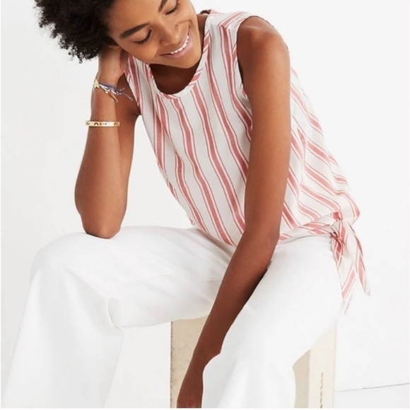 Madewell Side-Tie Tank in Marcia Stripe J1128 Cotton Red Stripe Size Small - Picture 2 of 10